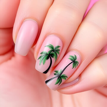 Close-up of female hand with tropical palm tree nail art design on pink background.