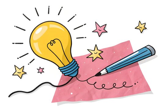 Bright idea concept with a glowing light bulb and a pen writing on a pink note