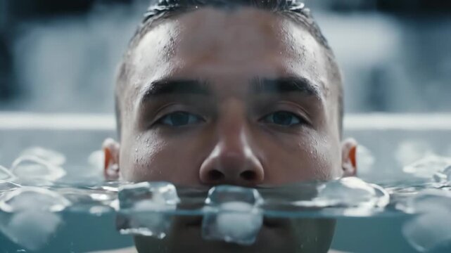 A determined man with an intense gaze sits submerged up to his nose in a tub of ice-cold water practicing the Wim Hof method for health and resilience