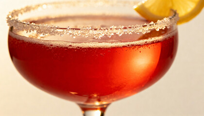 Refreshing red cocktail with sugar rim and lemon wedge, sparkling beverage with bubbles, close-up of festive alcohol drink in glass, party and celebration concept