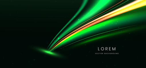 Green wave beam with lighting effect sparkle on dark green background.