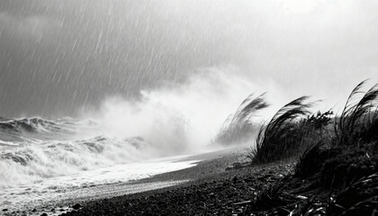 Stormy coastal scene with crashing waves, heavy rain, and windswept beach grass, dramatic ocean weather, monochrome landscape, rough sea and turbulent climate, nature power, storm impact on shoreline