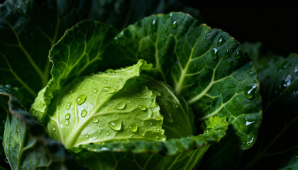 Close-up of fresh vibrant green cabbage leaves with water droplets, healthy vegetable, organic farm produce, natural food ingredient, crisp garden cabbage