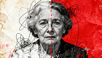 Abstract conceptual portrait art collage, aged person in split red and white background, scribble lines, distressed vintage texture, metaphor anxiety tension, grunge creativity psychology visual