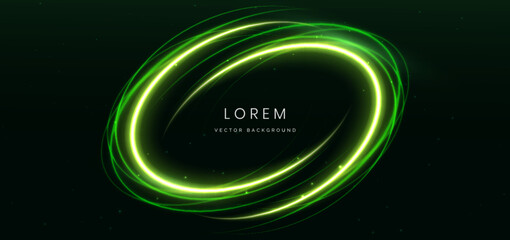 Green rings beam with lighting effect sparkle on dark green background.