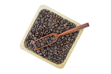 Roasted coffee beans in wooden tray and scoop isolated on white background top view flat lay stack