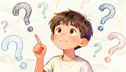 Curious child having an idea, pointing finger up. Smart kid thinking with question marks. Concept of innovation, problem solving, education, learning, and discovery.