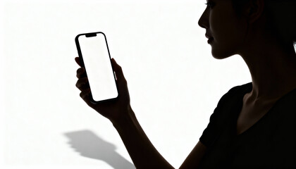 Silhouette of a woman holding smartphone with blank screen, digital device, mobile technology, communication concept, isolated black background, modern lifestyle, social media usage