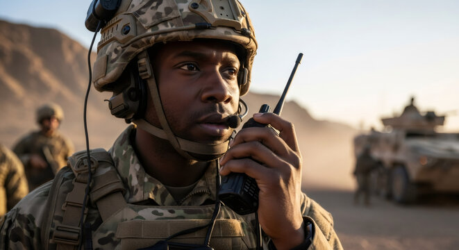 African American man soldier with radio. Military communication and armed forces. Brave troop in combat helmet. - Powered by Adobe
