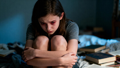 Sad teenage girl sitting on bed hugging knees, crying with red eyes, feeling lonely and anxious, emotional distress and mental health concept, indoors