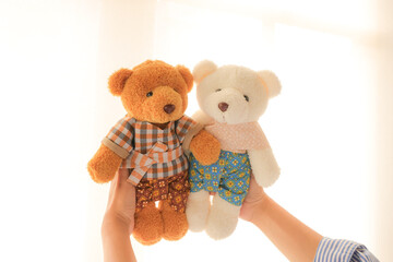 Teddy Bear Duo: An adorable pair of plush teddy bears, one light and one brown, held gently against a soft backdrop. A tender moment capturing childhood warmth and companionship.