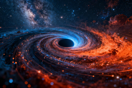 A swirling accretion disk around a black hole in deep space, with glowing gases and distant stars