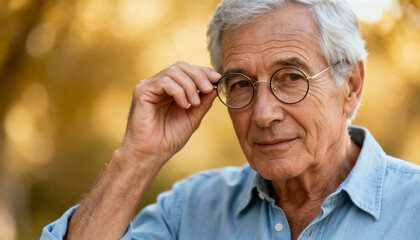 Senior man with gray hair wearing glasses and blue shirt thoughtfully adjusting spectacles outdoors, looking at camera with wisdom and confidence, retirement, aging, lifestyle, mature male portrait