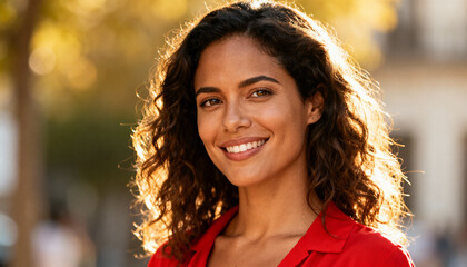 Smiling confident Latin woman looking directly at camera, portrait of happy Latina female with positive expression, casual lifestyle, natural beauty, diverse ethnicity, empowerment concept