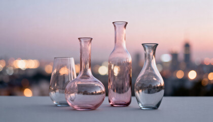 Elegant abstract glass vases in soft pastel pink and clear colors on smooth surface with blurred city lights background at sunset, artistic decor concept