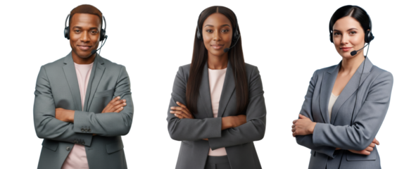 Smiling customer service representative with headset isolated on white or transparent background