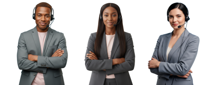 Smiling customer service representative with headset isolated on white or transparent background