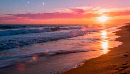 Mesmerizing sunset over the ocean horizon. Golden hour light illuminates the sky with dramatic clouds. Scenic nature landscape background for travel, vacation, and tranquility.