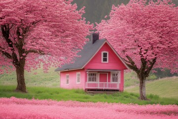 Pink House Under Blooming Cherry Blossom Trees.