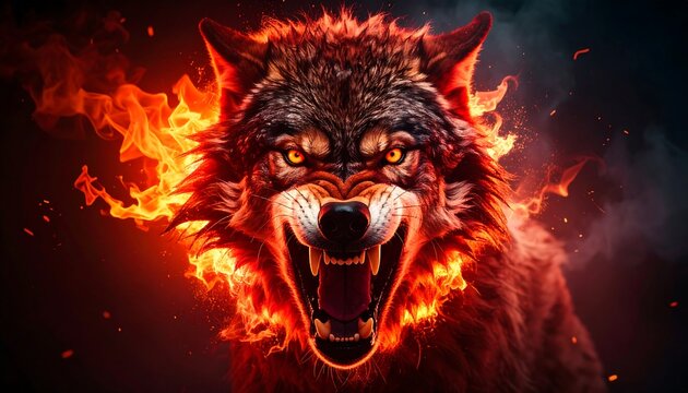 Fierce wolf head engulfed in flames
