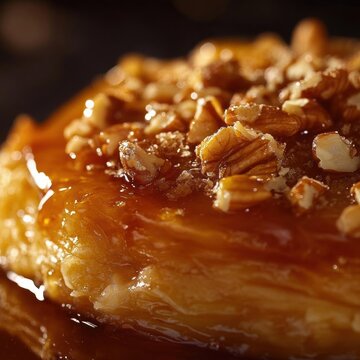 AI image: Delicious pastry glistening with caramel and pecans for microstock sweetness food shot