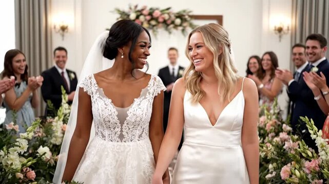 A beautiful and happy interracial lesbian couple one Black and one white hold hands and smile at each other after getting married in a beautiful wedding ceremony