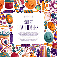 Colorful background with Halloween elements. A square frame with sweets, candies and pastries for posters, flyers, postcards and invitations to Halloween parties. Vector illustration