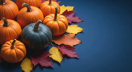 Naklejka premium Orange and green pumpkins with autumn leaves on a blue background, showcasing fall harvest and Thanksgiving themes, ideal for seasonal designs or greeting cards, free space for text