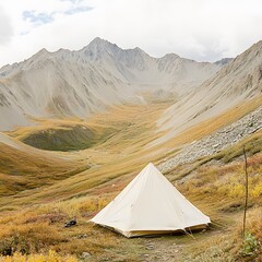 Serene Mountain Camp, White Pyramid Tent in Autumnal Valley