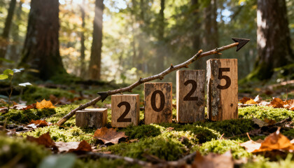 2025 Growth Concept with Weathered Wooden Blocks and Natural Mossy Forest Background, Upward Trend Arrow Made from Twig, Sustainable Environment and Success Idea