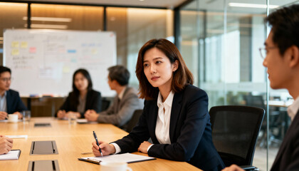 Attentive Asian business woman taking notes during corporate strategy meeting. Professional team collaboration and discussion in a modern boardroom. Concept of focus and teamwork.