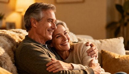 Happy mature senior couple enjoying quality time at home, hugging and smiling. Loving elderly husband and wife embrace in their living room. Retirement lifestyle concept.
