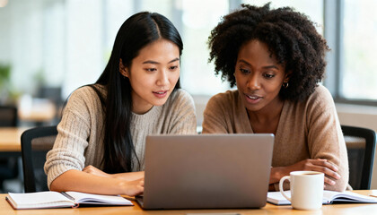 Two diverse businesswomen collaborating on a project in a modern office. Female colleagues brainstorming ideas, discussing strategy, and working together. Teamwork and partnership concept.