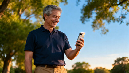 Happy mature man smiling during an outdoor video call on a smartphone. Senior person using technology for remote communication or a virtual meeting in a park. Active elderly lifestyle concept.
