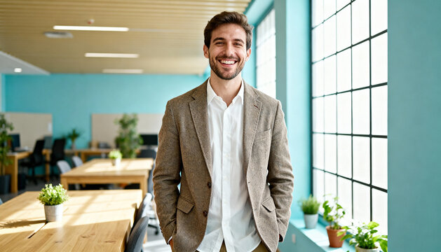 Happy businessman smiling in a modern coworking space. Confident young professional in casual attire standing in a bright office with natural light. Startup entrepreneur portrait. - Powered by Adobe