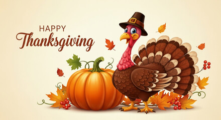 Happy Thanksgiving image featuring a cartoon turkey wearing a pilgrim hat, beside a pumpkin, surrounded by autumn leaves and berries Free space for text