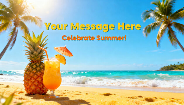 Celebrate summer. Tropical holiday greeting card. Pineapple and cocktail on a sunny beach. Paradise island vacation background. Your message here. Copy space for custom text.