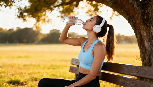 Fit woman runner hydrates drinking water after exercise. Healthy lifestyle concept. Thirsty athlete rests on a park bench listening to music on headphones in a park at sunset.