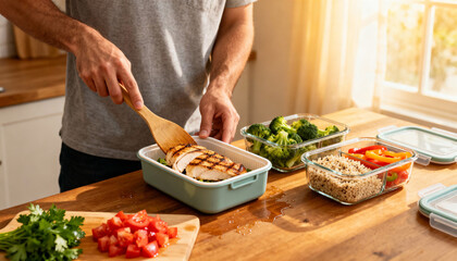 Man preparing healthy homemade meal prep in food containers. Portion control with grilled chicken, quinoa, and fresh vegetables for a balanced diet and nutritional lifestyle.