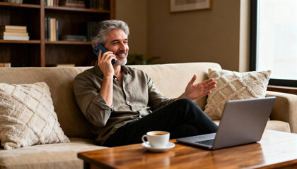 Happy mature businessman working remotely from cozy home office. Successful handsome grey-haired freelancer sitting on couch talking on smartphone. Modern entrepreneur lifestyle.