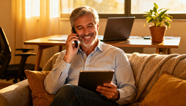 Happy mature businessman freelancer working from home office. Successful senior man using tablet and talking on smartphone. Remote work, communication technology concept.