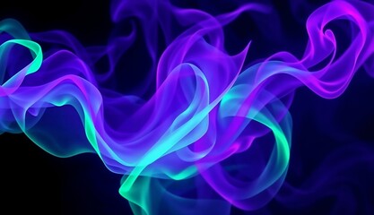 Obraz premium Colorful swirling smoke in vibrant purple and teal tones on a dark background, copy space