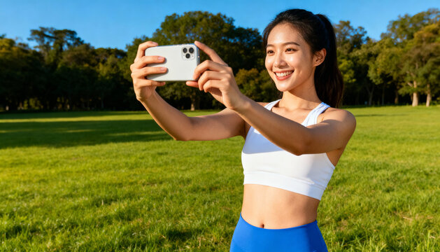 Happy young Asian woman in sportswear taking a selfie with a smartphone in the park. Concept of a healthy lifestyle, fitness, social media, outdoor activity, and well-being.