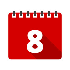 Red calendar number 8 icon isolated on transparent background