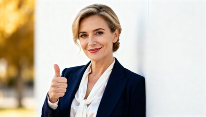 Confident mature businesswoman showing thumbs up. Successful senior female manager expressing approval and satisfaction. Concept of leadership, achievement, and positive feedback.