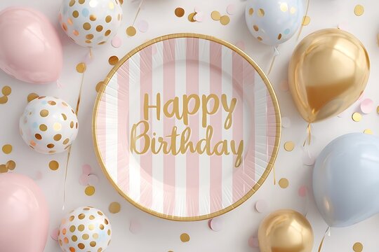 Let's celebrate with a fun birthday party featuring pink striped plates, gold confetti, and pastel balloons for a joyful occasion