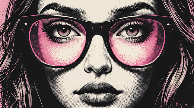 Female eyes wearing eyeglasses halftone collage elements. Monochrome and pink colored cut out from magazine stickers. Confident businesswoman, smart student. Grunge modern retro vector illustration - Powered by Adobe
