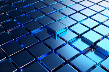 Naklejka premium A grid of reflective blue cubes arranged in a pattern with varying heights, creating a futuristic and geometric surface.