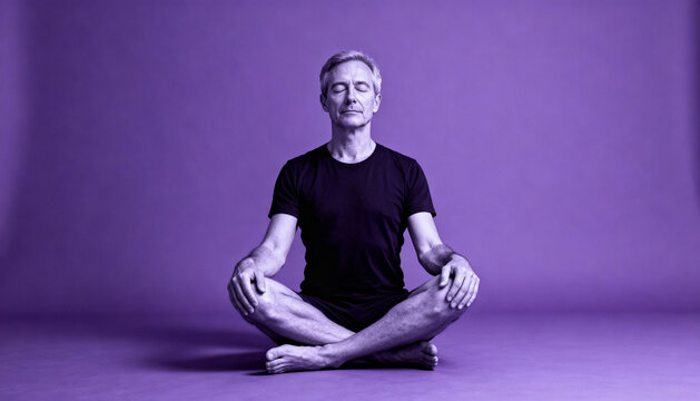 Senior caucasian man meditating in a yoga lotus pose. Mindfulness, calm, and peace concept for mental health, wellbeing, and stress relief. Zen spiritual practice for balance.