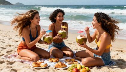 Three happy diverse young women on summer vacation having a picnic on a sandy beach. Group of cheerful friends laughing together and drinking fresh coconut water on a sunny day.